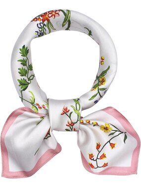 Women's Flower Pink White Houndstooth Scarf Hair Digital Printed Headscarf Silk